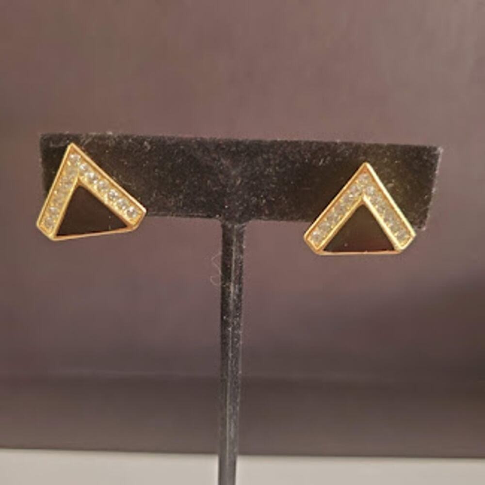 Christian Dior Vintage Gold Tone Black Triangle Rhinestone Clip On Earrings - Picture 1 of 6